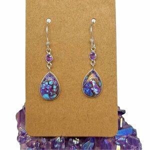Purple Kingman Turquoise Amethyst Earrings Solid 925 Sterling Silver Teardrop